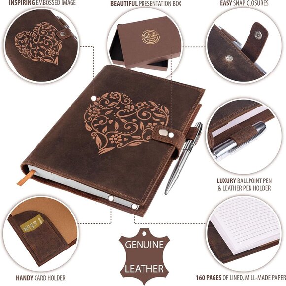 Refillable Leather Journal Embossed Heart Shape Cover Design Journals with Pen - Picture 4 of 6